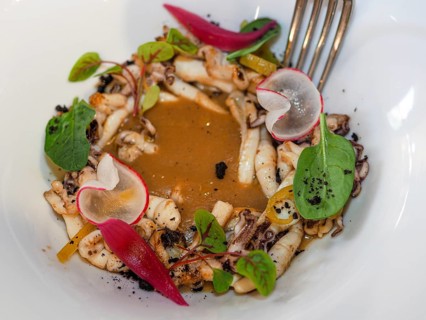 Macro close up of pan cooked grilled flambe atlantic squids plated with potato rich sauce cream reduction
