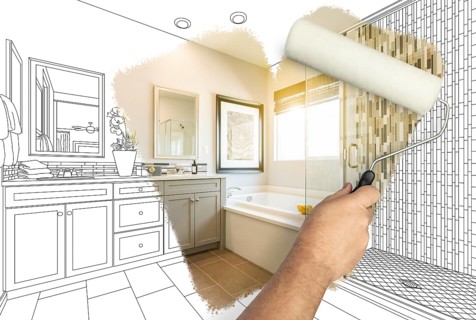 Before and after of man painting roller to reveal newly remodeled bathroom under pencil drawing plans