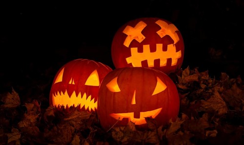 Glowing pumpkins at night