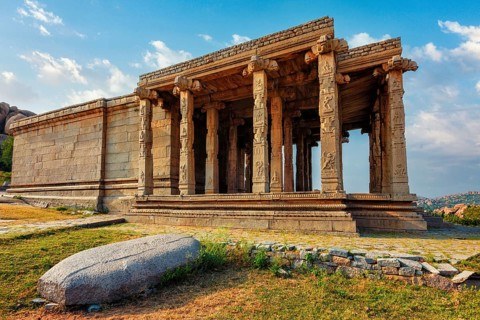Ancient Vijayanagara Empire temple ruins in Hampi