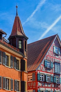 Half-timbered house and facade with turret