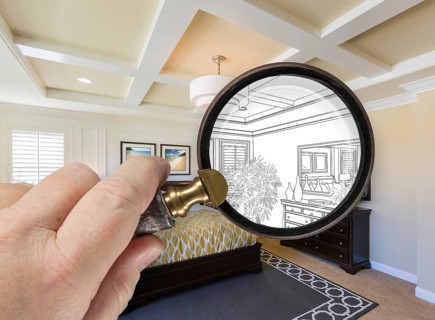 Hand holding magnifying glass revealing custom bedroom design drawing and photo combination