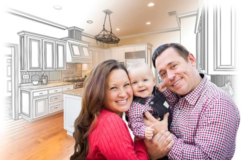 Happy young family over custom kitchen design drawing and photo combination