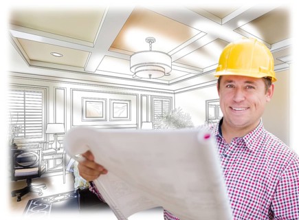 Smiling contractor in hard hat with roll of plans over custom bedroom drawing and photo combination