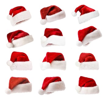 Set of Santa's red hats isolated on white