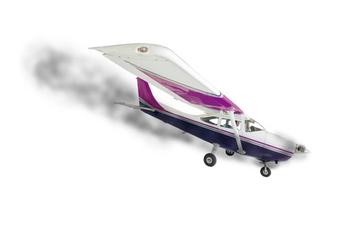 The cessna 172 with smoke coming from engine on a white background