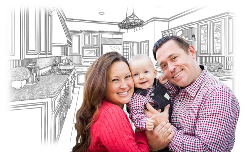 Happy young family over custom kitchen and design drawing