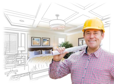 Smiling contractor in hard hat with roll of plans over custom bedroom drawing and photo combination