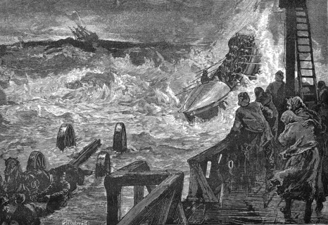 A lifeboat is launched in heavy seas