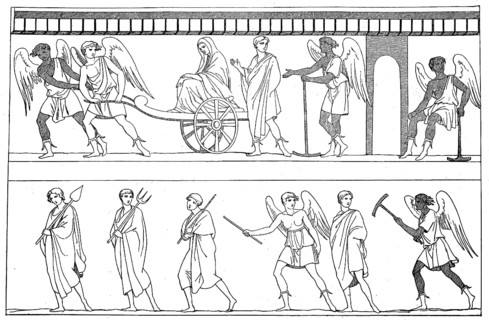 Good and evil spirits lead the soul to the court of the dead