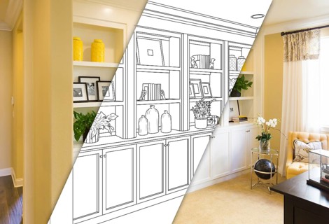 Custom built-in shelves and cabinets design drawing with cross section of finished photo