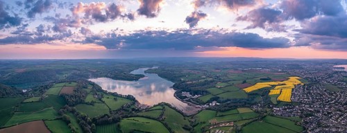 Sunset over Devon Fields and Farmlands from a drone