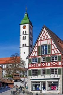 Tower of St. Martin's Church and half-timbered house with St. Anthony's Fountain by Werner Guertner in the historic old town on Saumarkt