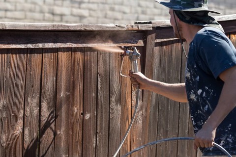 Professional painter spraying house yard fence with wood stain