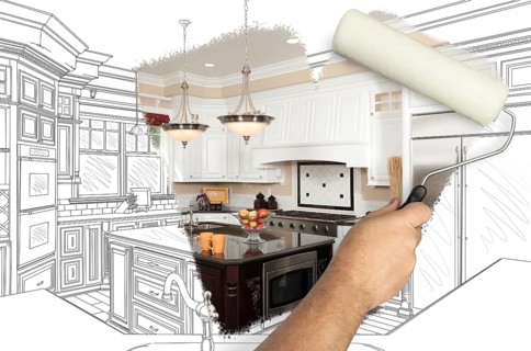 Before and after of man painting roller to reveal newly remodeled kitchen under pencil drawing plans