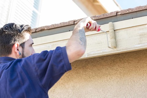 Professional painter using A small roller to paint house fascia