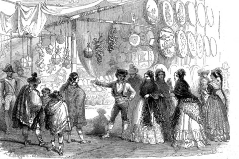 Fruit and nougat merchants at Christmas in the Plaza Mayor in Madrid