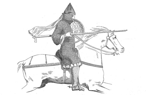12th century French knight with long tunic and pointed helmet