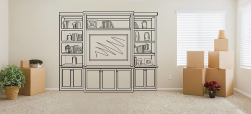 Empty room with moving boxes and entertainment unit drawing on wall
