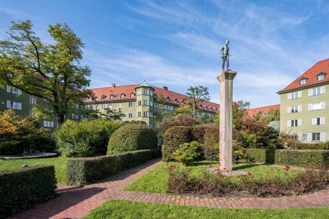 Inner courtyard with park and green residential buildings