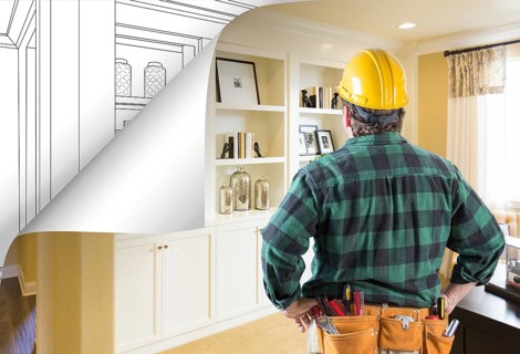 Contractor facing built-in shelves and cabinets photo with page corner flipping to drawing behind