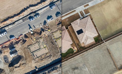 Drone aerial view cross section of home construction site