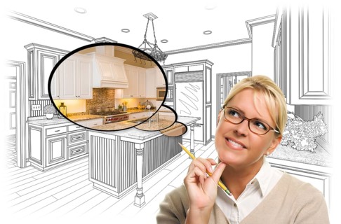 Creative woman with pencil over custom kitchen drawing and thought bubble photo combination