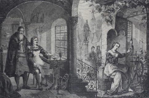 The journeyman goldsmith with the master in the background watching a woman at her spinning wheel