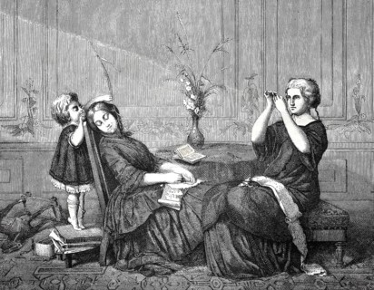 Orphan teasing his sleeping nanny with a blade of grass in 1870