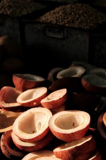 Coconuts in vegetable market in street lit by sun. Sardar Market