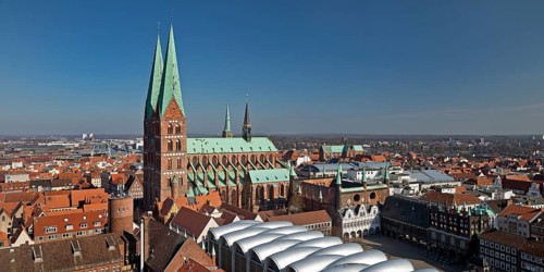 Bird's eye view of the old town with St. Mary's Church and striking roof of Peek and Cloppenburg