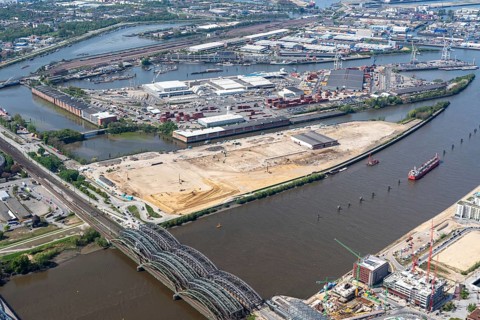 Aerial view of the area of the new Grasbrook district of Hamburg