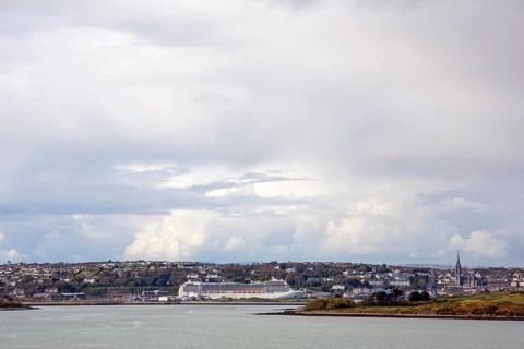Ocean liner MSC Magnifica having docked at Cobh Harbour in Ireland on a brilliant sunny day. Cobh