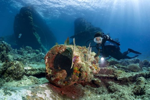 Diver looking at muzzle of gun barrel