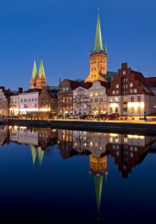 The historic old town on the Obertrave with the Church of St. Mary and the Church of St. Peter in the evening