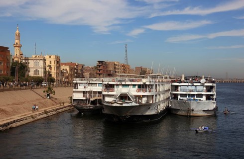 Cruise ships at the landing stage on the Nile near the town of Esna