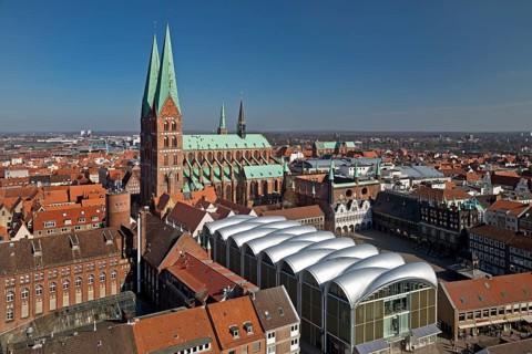 Bird's eye view of the old town with St. Mary's Church and striking roof of Peek and Cloppenburg