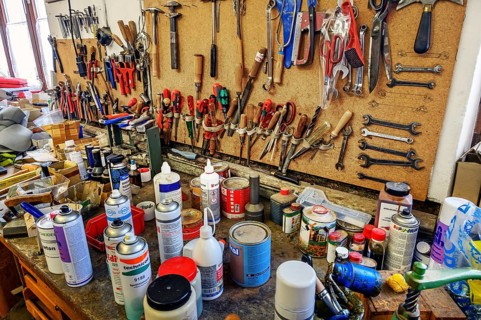 Tools and spray cans in a saddlery in Allgaeu