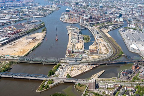 Aerial view Hafencity Grasbrook and Elbbruecken
