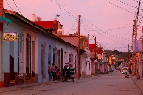 Picturesque street scene after sunset