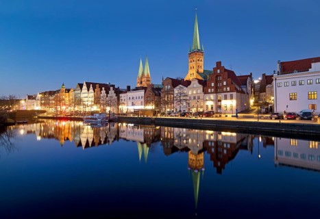 The historic old town on the Obertrave with the Church of St. Mary and the Church of St. Peter in the evening