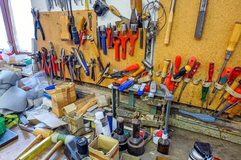 Workbench with tools in a saddlery in Allgaeu