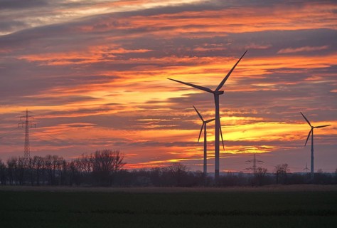 Wind turbines and power line in the evening. Wind turbines in the Hamburg Vier- und Marschlanden