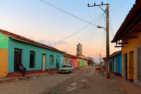 Picturesque street scene after sunset