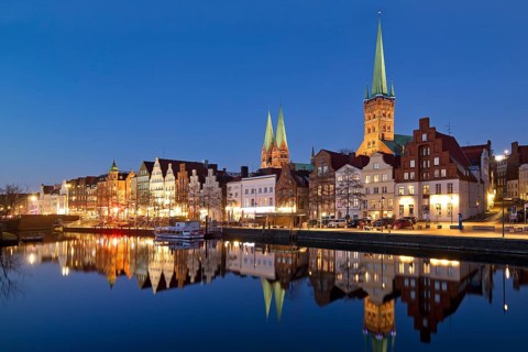 The historic old town on the Obertrave with the Church of St. Mary and the Church of St. Peter in the evening