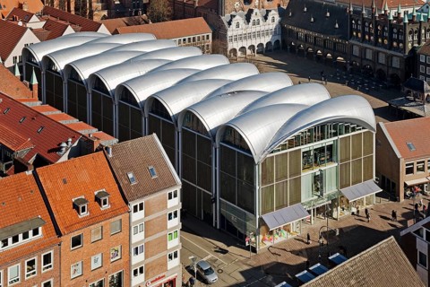 Peek and Cloppenburg department stores' with semi-circular roof shells at the market