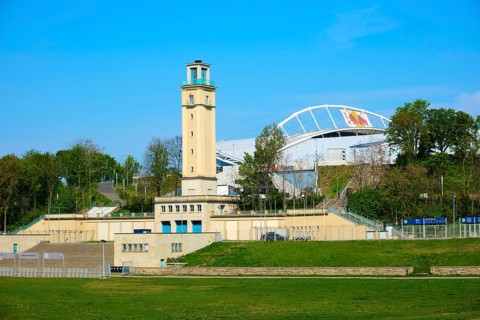 Historic Bell Tower with Red Bull Arena