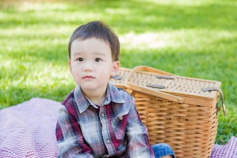 Cute young mixed-race boy sitting in park near picnic basket