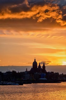 Amsterdam cityscape skyline with Church of Saint Nicholas