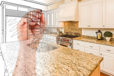 Hand drawing custom kitchen design with gradation revealing photograph